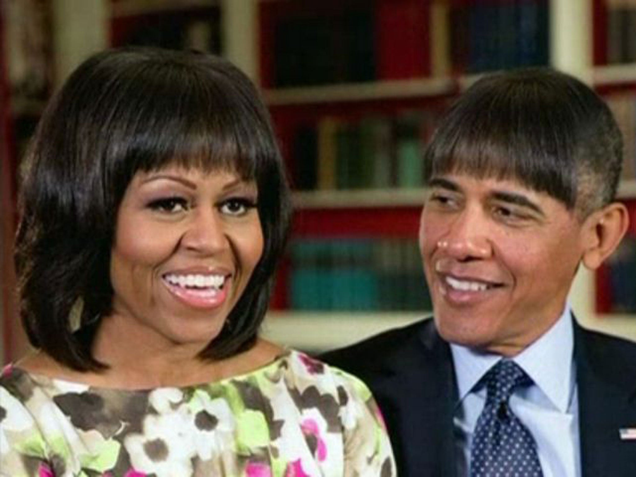 U.S. President Barack Obama makes light of his wife Michelle Obama's new bangs with a mock pictures of himself with the same hairdo in this humorous photo created by the White House shown at the annual White House Correspondents' Association dinner in Was