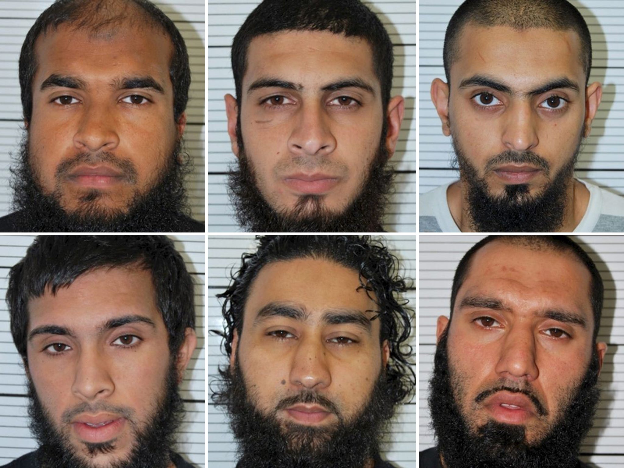 (L-R) Jewel Uddin, Mohammed Saud, Mohammed Hasseen, Zohaib Ahmed, Omar Khan and Anzal Hussain pleaded guilty to plotting to attack an EDL rally  