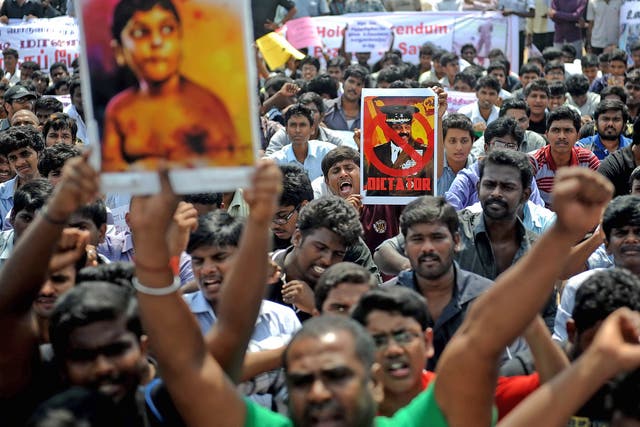 Demonstrators in Chennai, India, protest against continuing war crimes against Tamils in Sri Lanka, last month