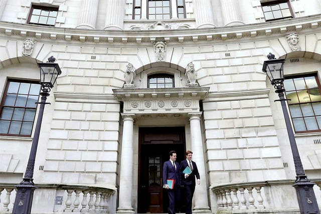 Chancellor George Osborne and Chief Secretary to the Treasury Danny Alexander, outside the Treasury