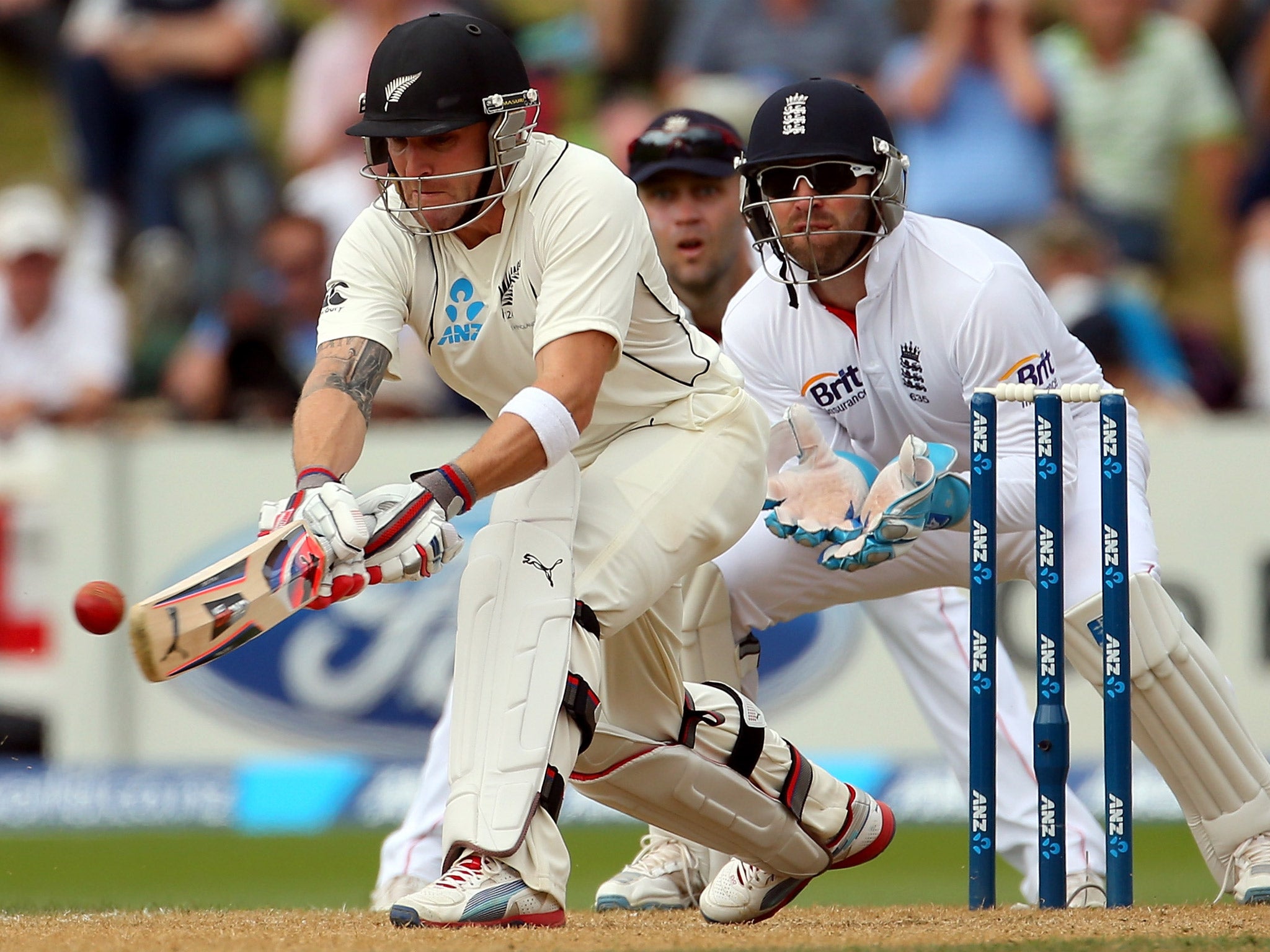 Brendon McCullum plays a reverse sweep during the second Test in Wellington earlier this year