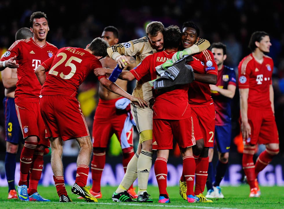 Bayern Munich celebrate their 7-0 aggregate victory over Barcelona