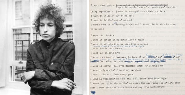 Bob Dylan pictured in London in May1966; song lyrics for "I want that bomb"