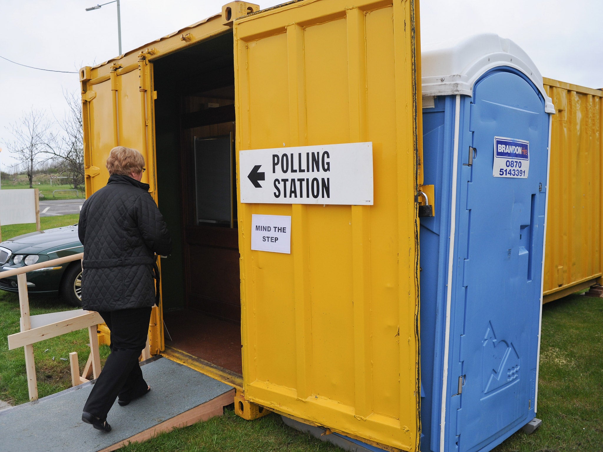 A voter enters a portable polling station in South Shields