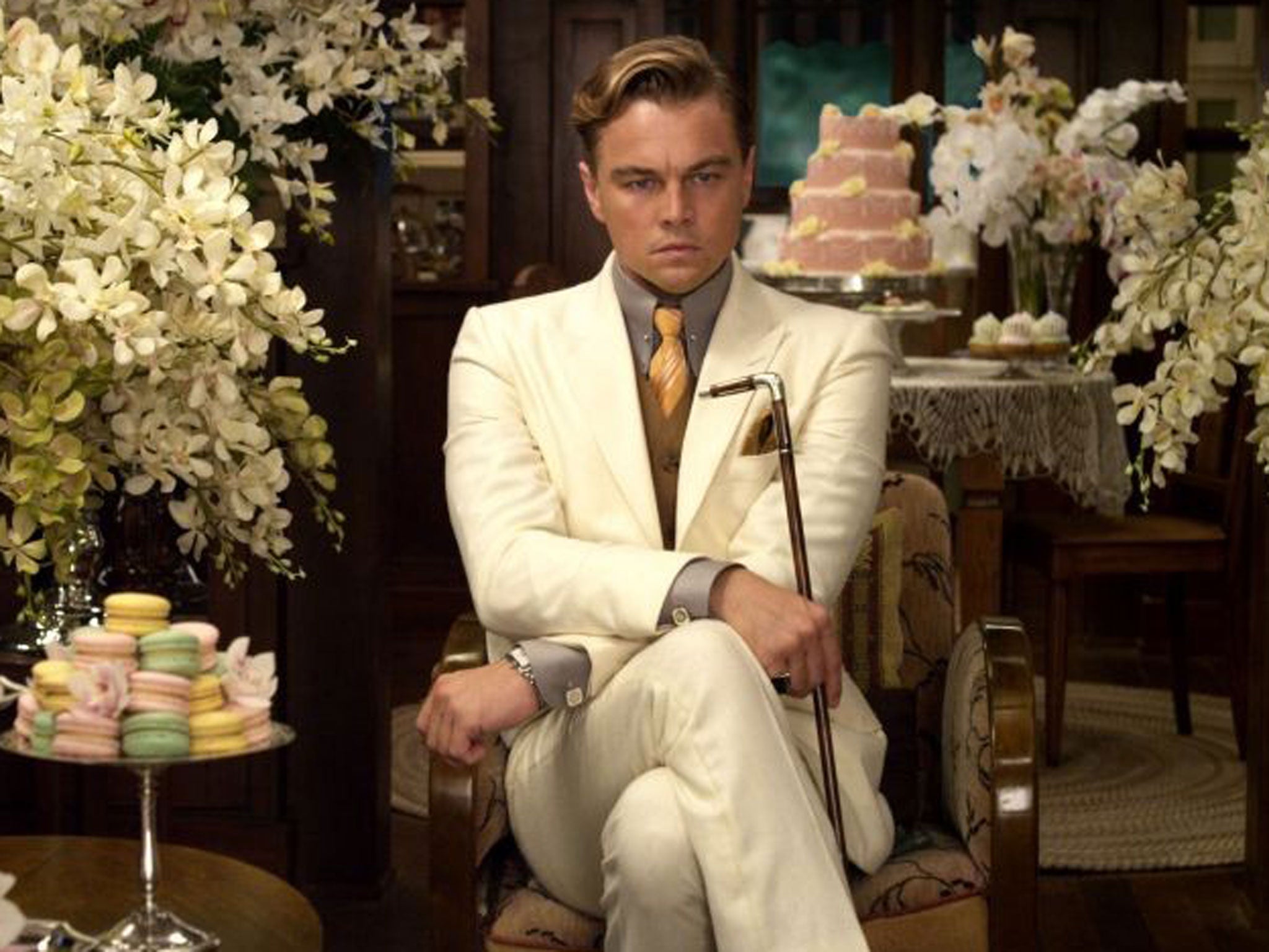 Leonardo Di Caprio playing Jay Gatsby in The Great Gatsby