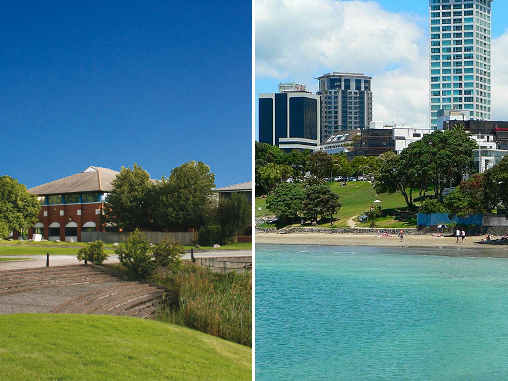 Moneypenny employees are swapping their offices in Wrexham, left, for Takapuna, New Zealand
