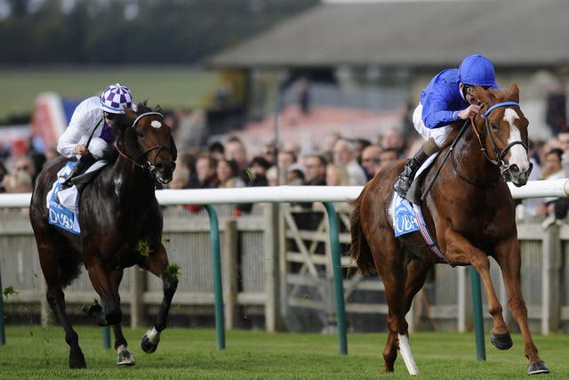 Dawn Approach winning in Godolphin blue at Newmarket