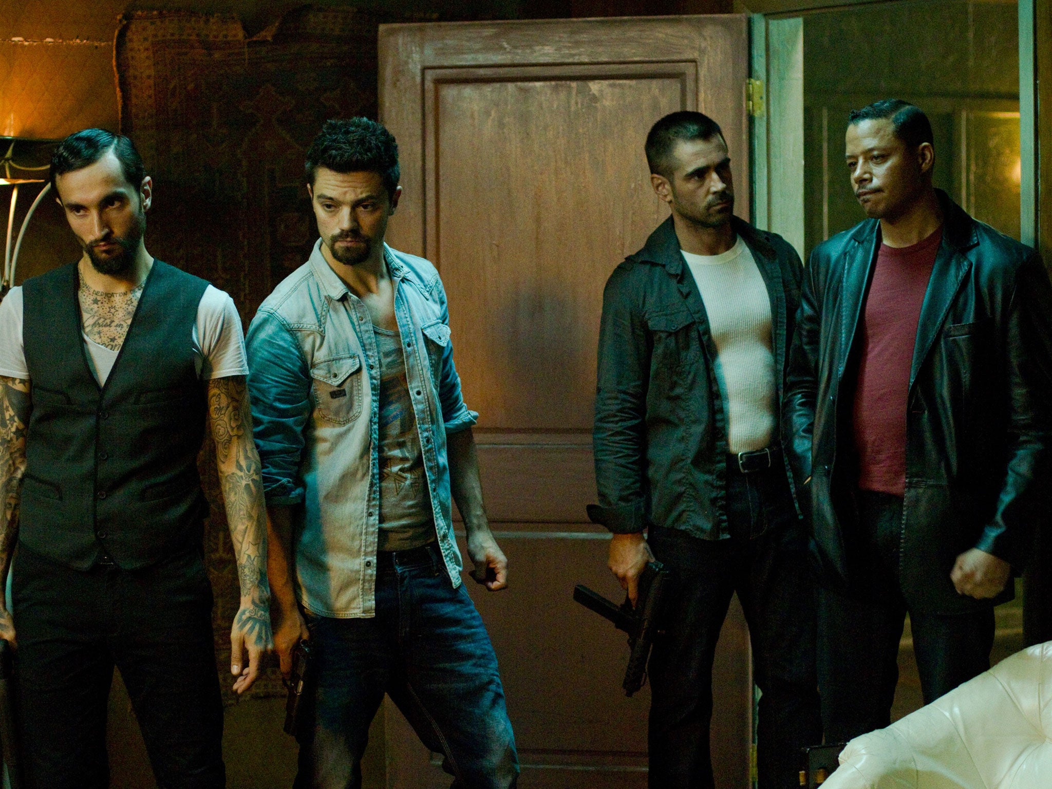 Criminal minds: Colin Farrell, centre right, hangs out with the gang in Dead Man Down