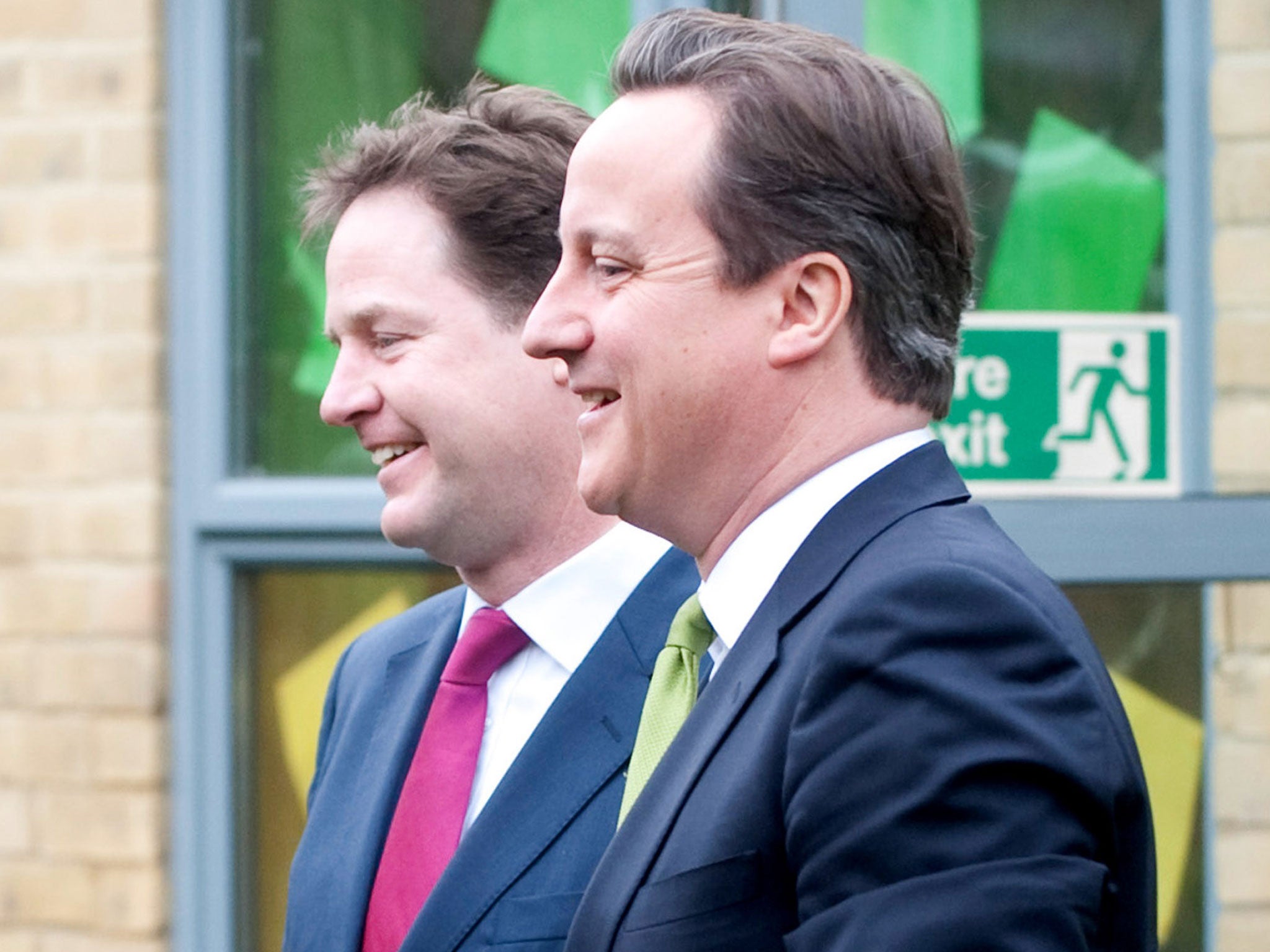 Don’t drop the ball: Nick Clegg and David Cameron in Wandsworth in March