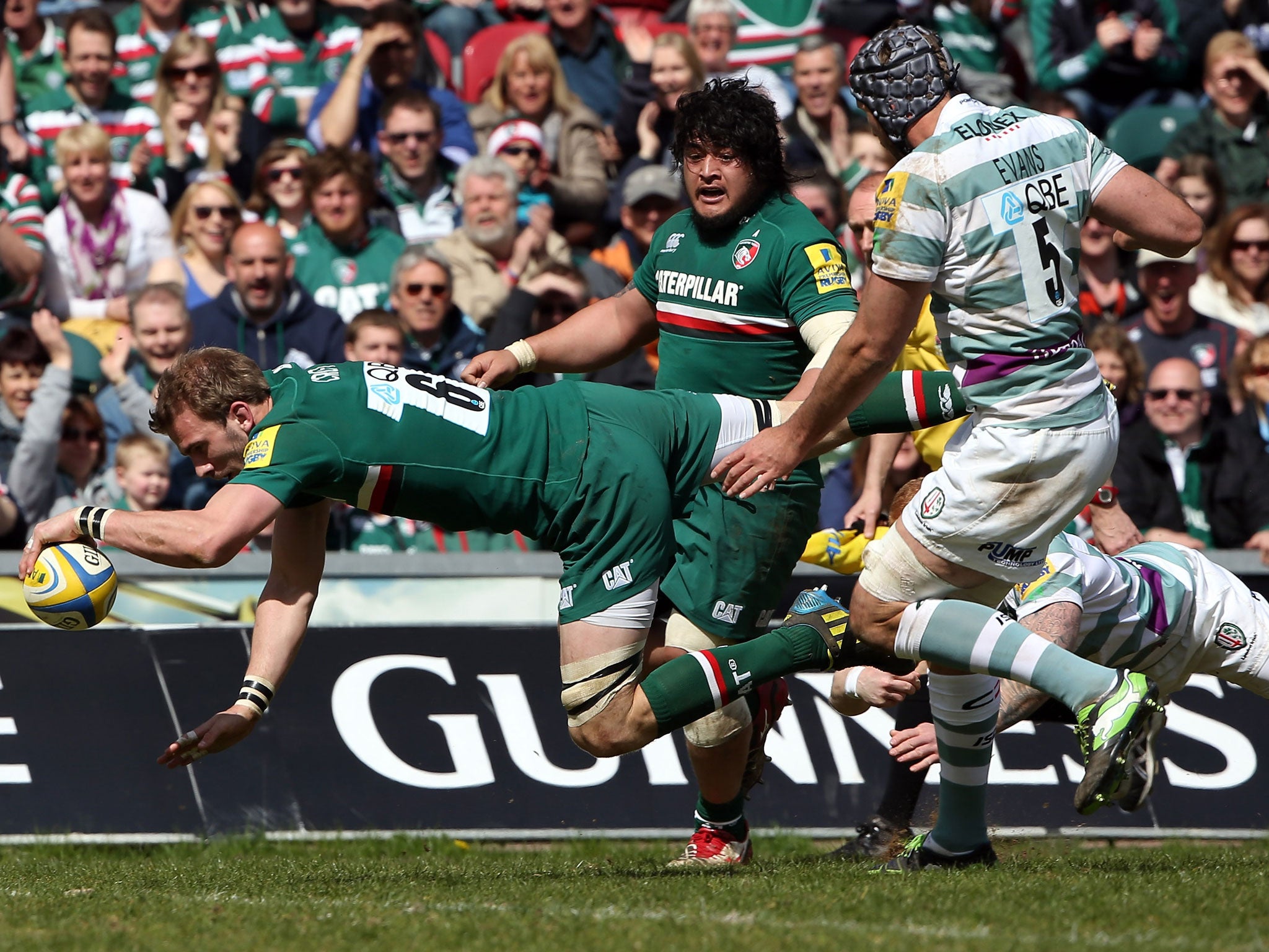 Lion-heart: Leicester’s Tom Croft goes over for the first of the Tigers’ five tries against London Irish yesterday