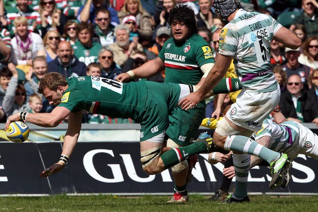 Lion-heart: Leicester’s Tom Croft goes over for the first of the Tigers’ five tries against London Irish yesterday 