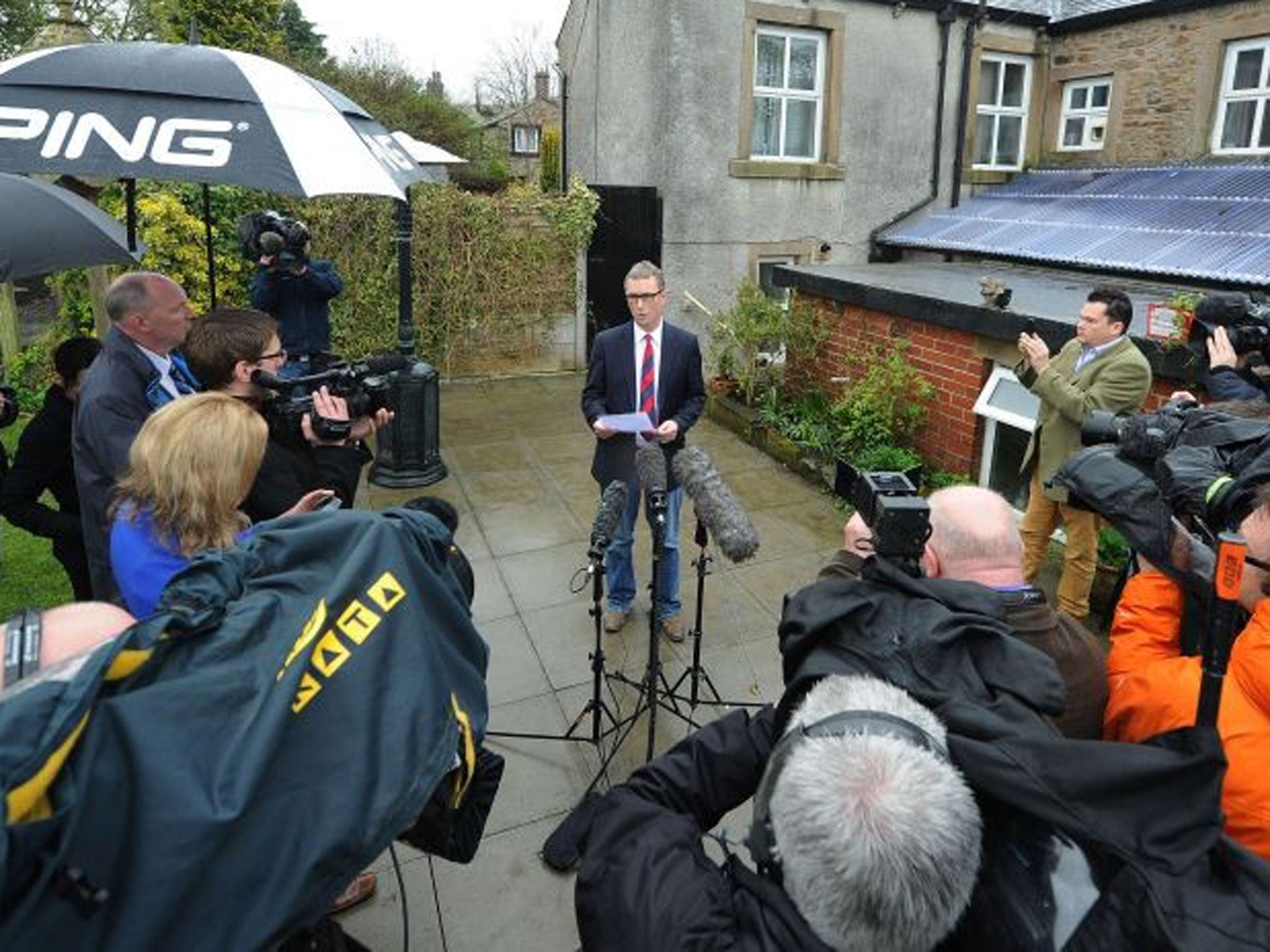 Deputy House speaker Nigel Evans gives a press statement at his home in Pendleton Lancashire