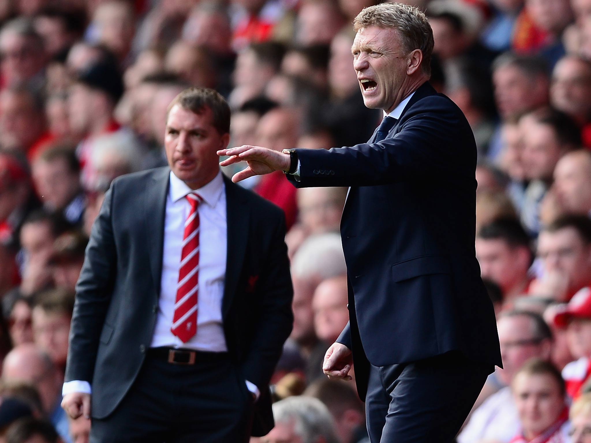 David Moyes gestures at his team while Brendan Rodgers looks on