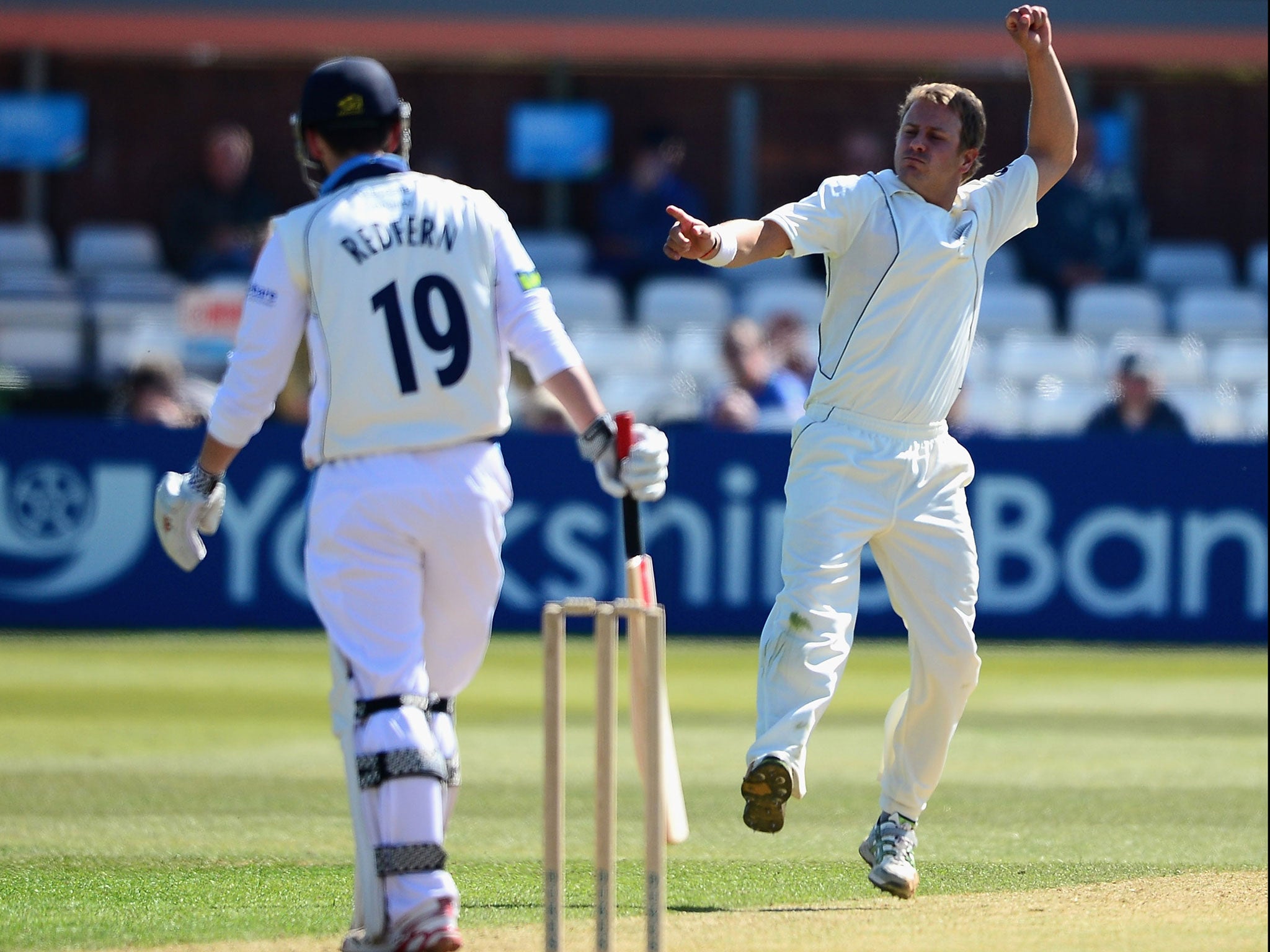 Neil Wagner, of New Zealand, celebrates the wicket of Derbyshire’s Dan Redfern at the County Ground yesterday