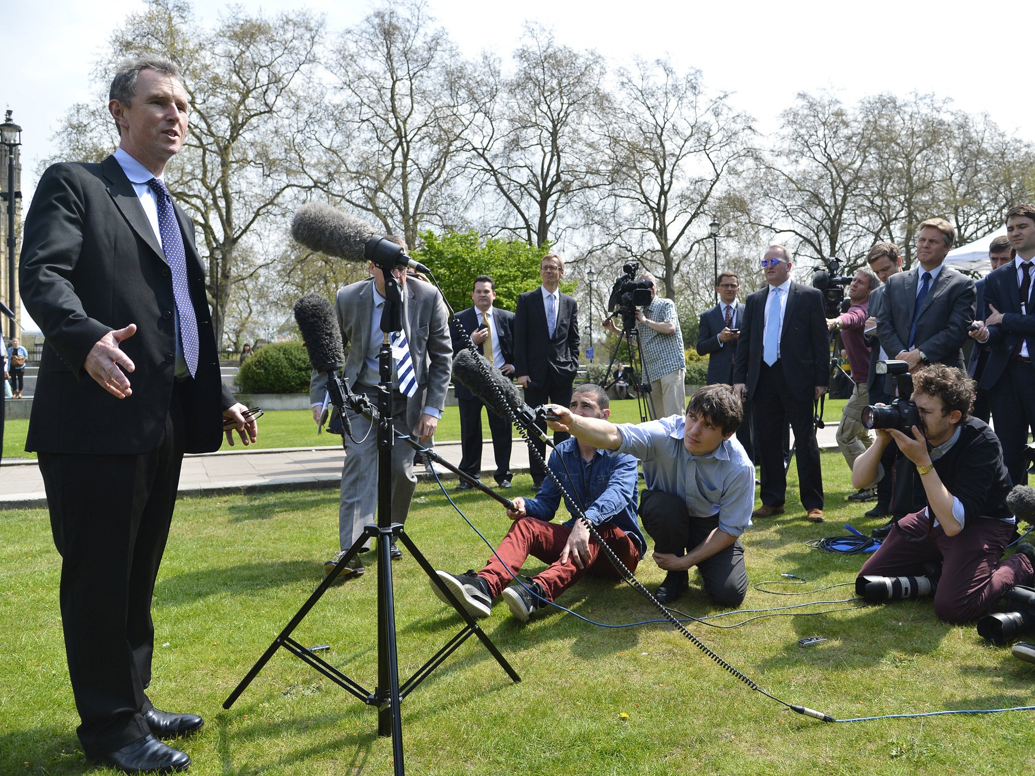 7 May 2013: Conservative MP and deputy speaker of Britain's parliament Nigel Evans speaks to the media outside of the Houses of Parliament in London.