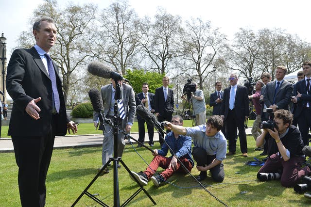 7 May 2013: Conservative MP and deputy speaker of Britain's parliament Nigel Evans speaks to the media outside of the Houses of Parliament in London.  
