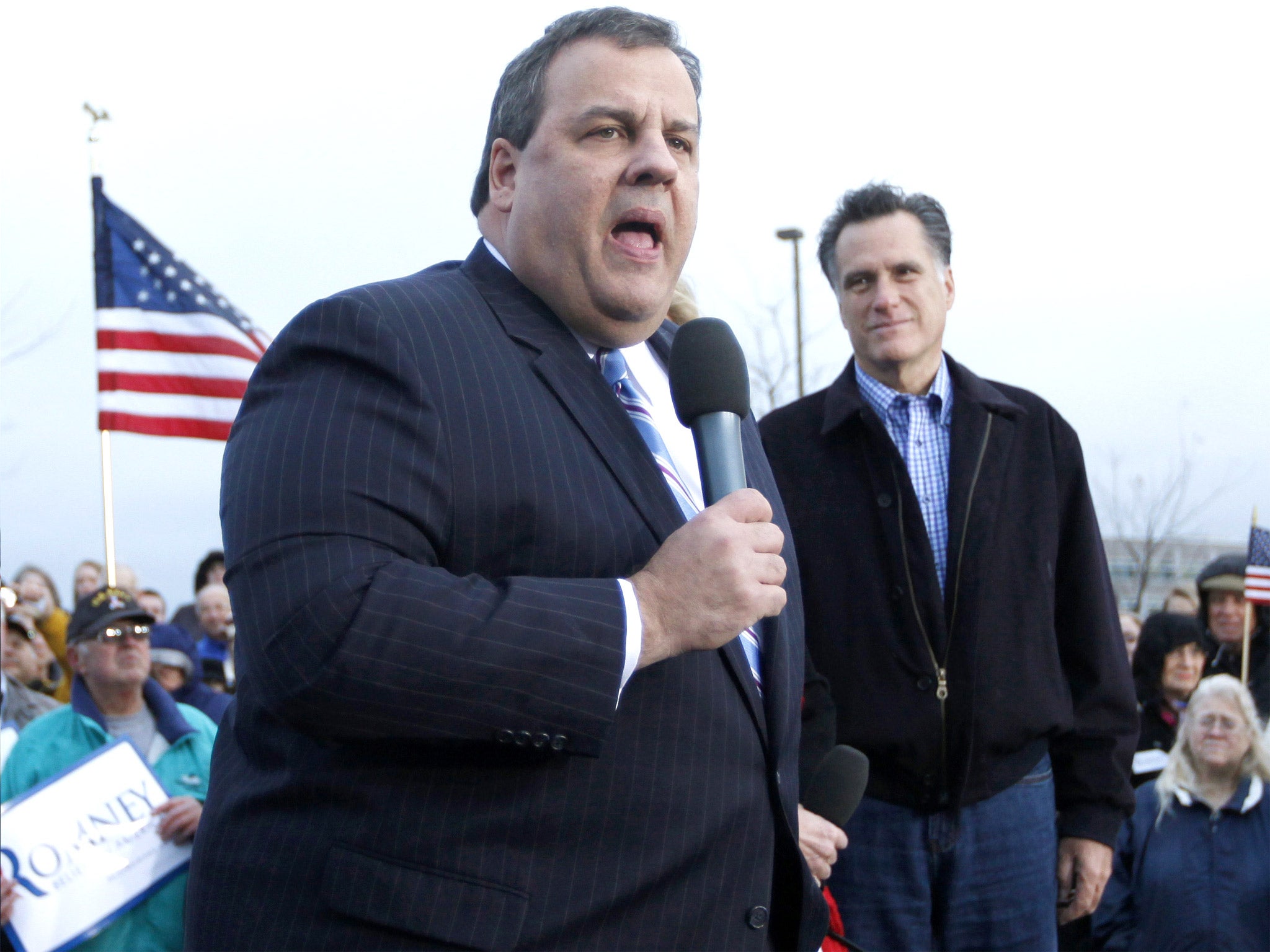 Chris Christie on the campaign trail with Mitt Romney in Des Moins, Iowa, in 2011