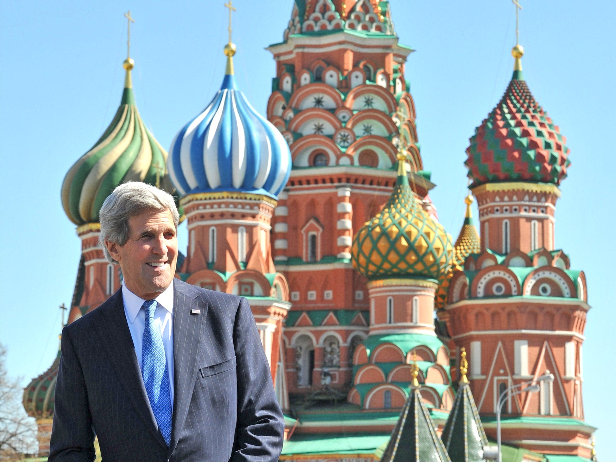 John Kerry at St Basil’s cathedral in Moscow’s Red Square yesterday