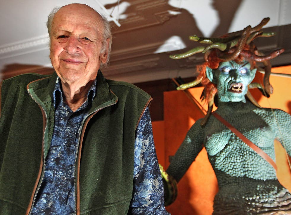Ray Harryhausen alongside a model of Medusa from 'Clash Of The Titans'