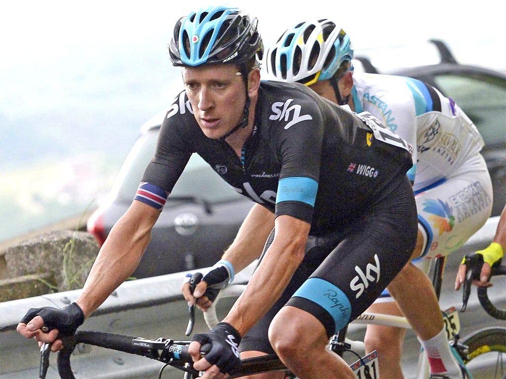 Bradley Wiggins rides in the pack during yesterday’s fourth stage