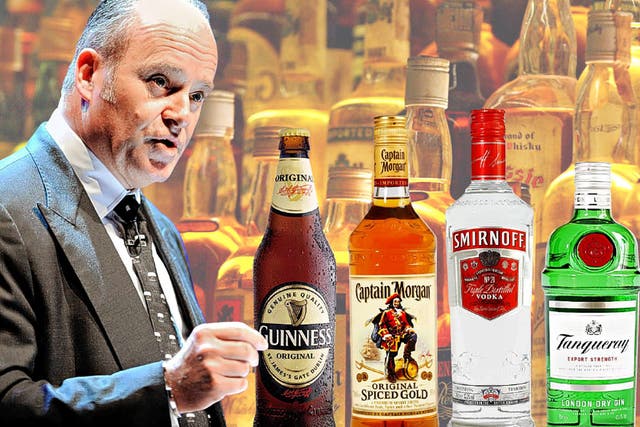 Diageo’s outgoing chief executive, Paul Walsh, with some of the company’s products