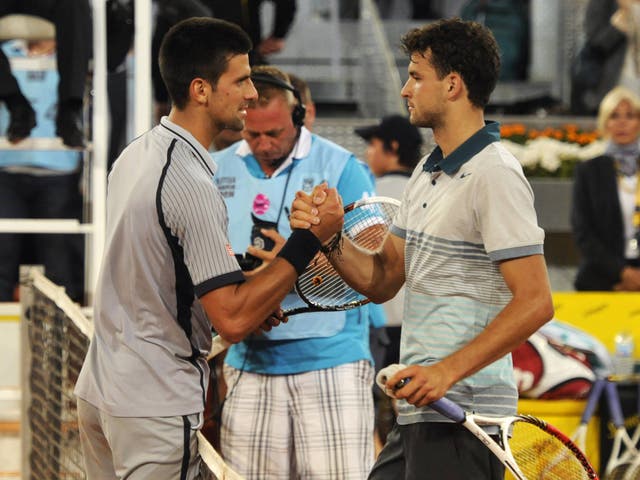 Grigor Dimitrov shakes hands with Novak Djokovic after beating the world No 1