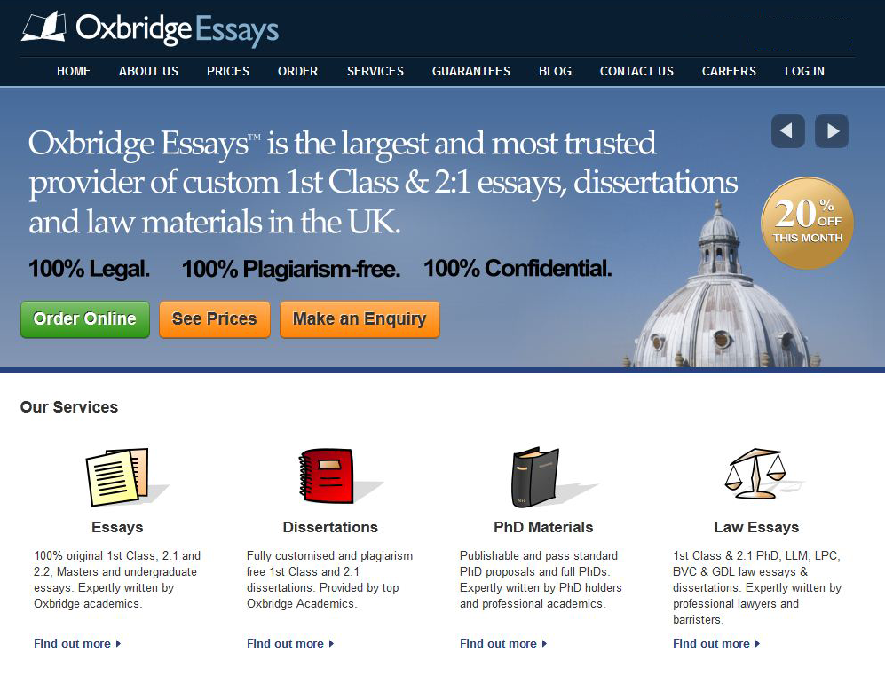 A screengrab of the front page of oxbridgeessays.com today