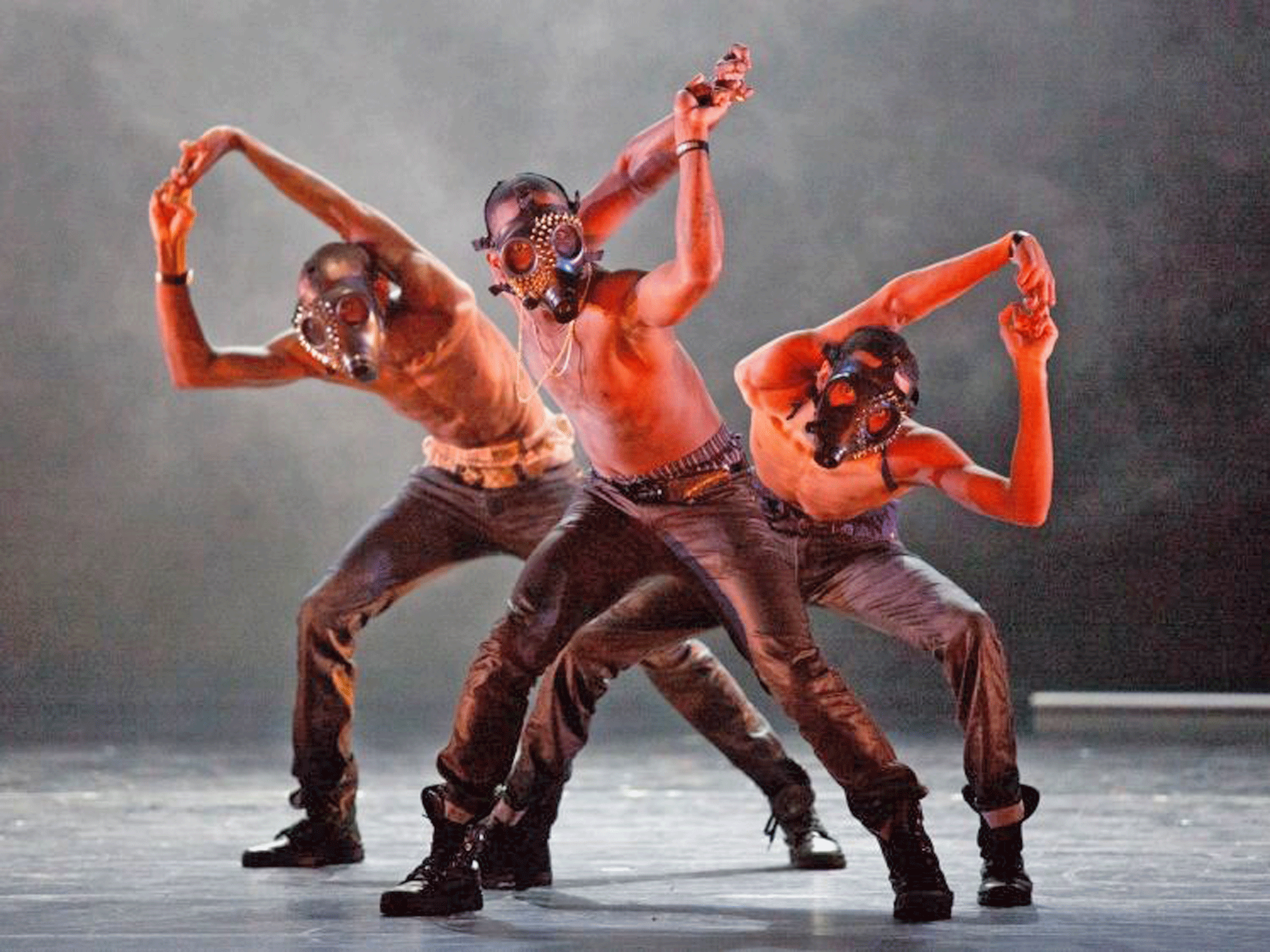 Dancers wearing anti-gas masks at the Breakin’ Convention
show at Sadler’s Wells, London (Pi