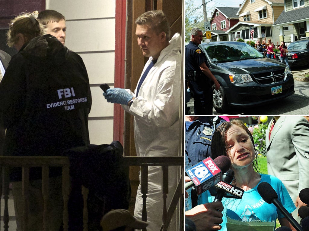 (Left) FBI search the house where the three women were found; (Top right) A car carrying Amanda Berry arrives at her sister's house; (Bottom right) Berry's sister, Beth Serrano, talks to the media