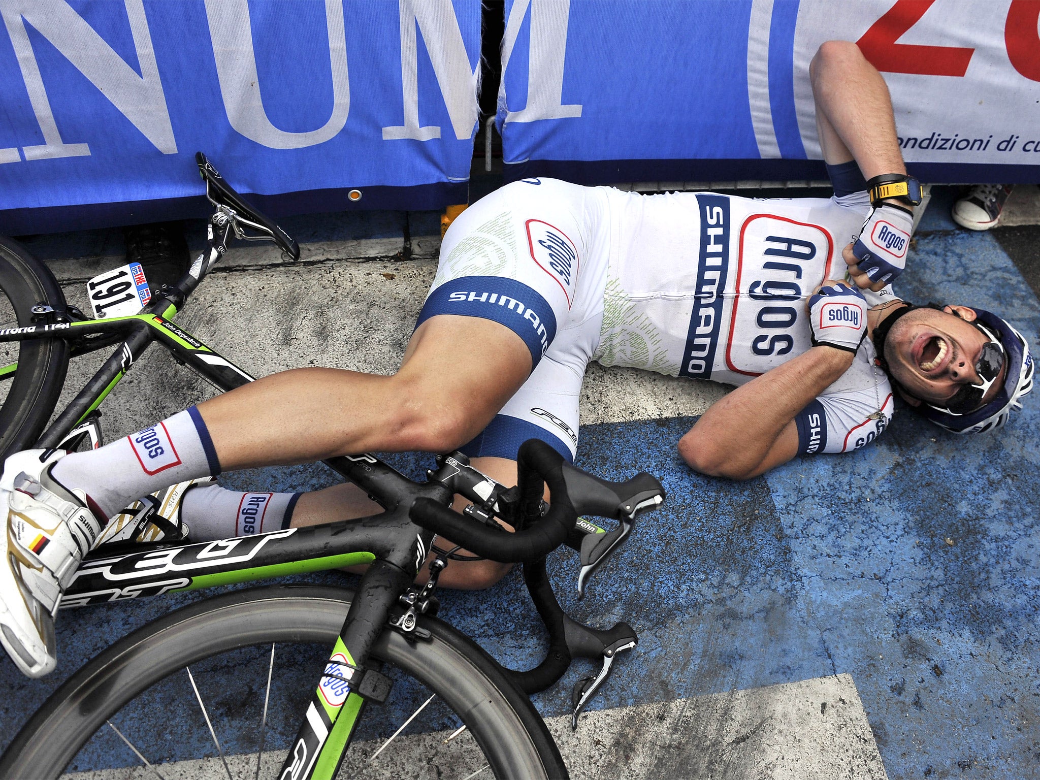 John Degenkolb lies exhausted after winning stage five yesterday