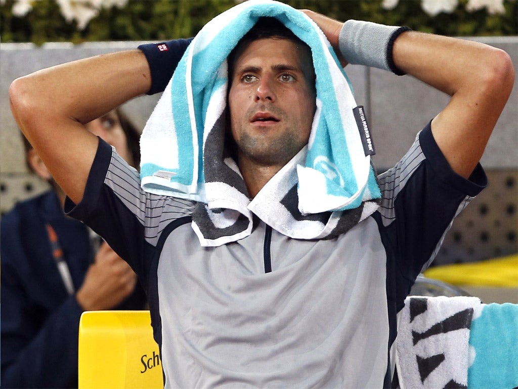 Novak Djokovic reacts during his Madrid defeat