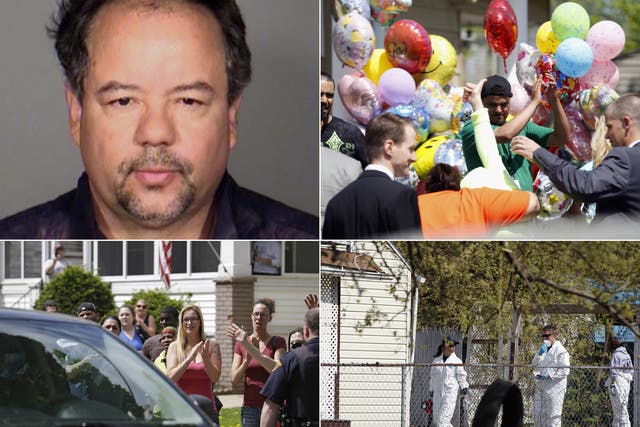 Clockwise from top left: Kidnap suspect Ariel Castro; Gina Dejesus arrives home and gives a thumbs up; the FBI searches nearby homes in the neighbourhood; people clap as Amanda Berry arrives home.