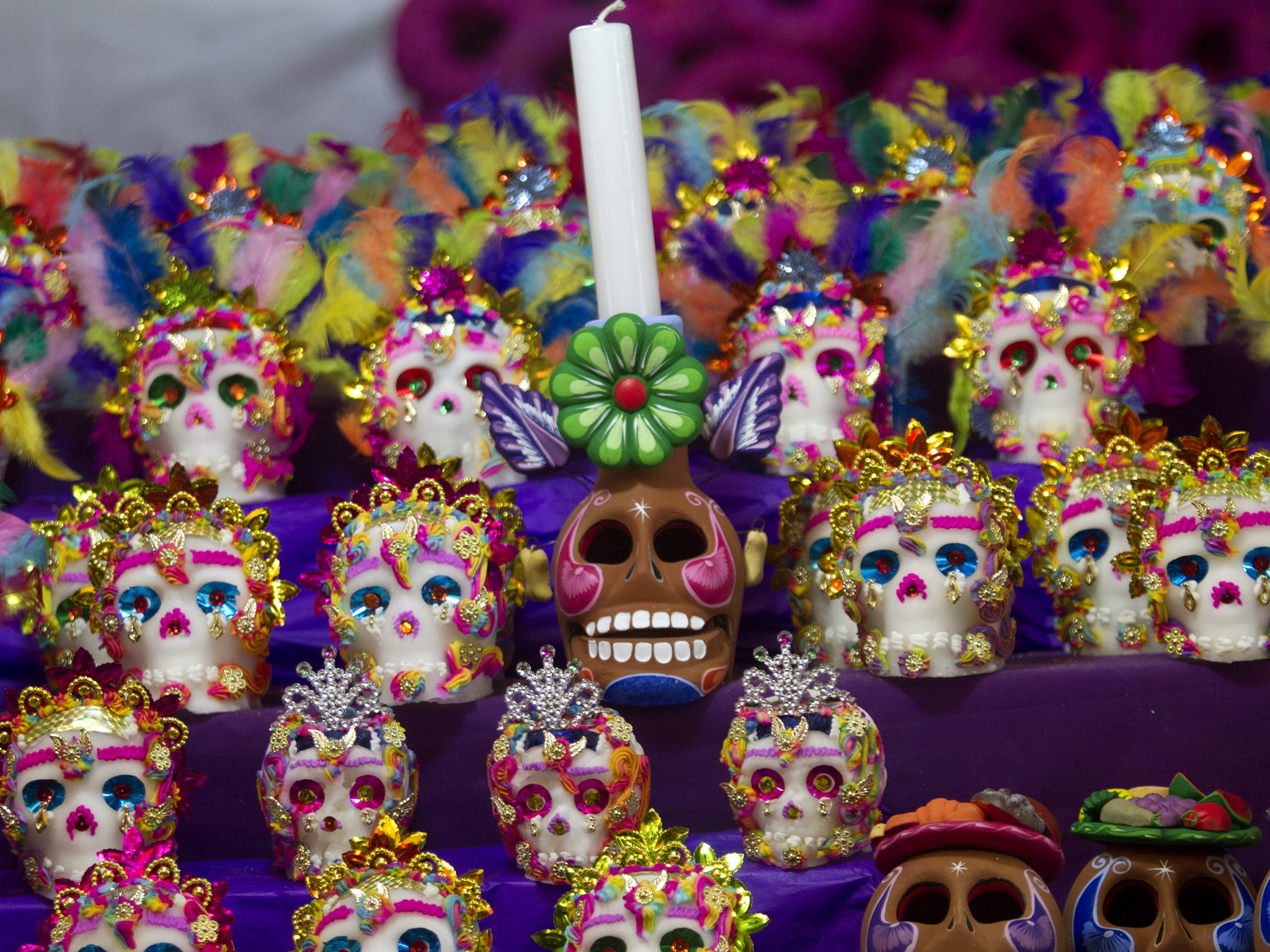 Traditional sugar skulls displayed in a Mexico market for Dia de los Muertos/Day of the Dead