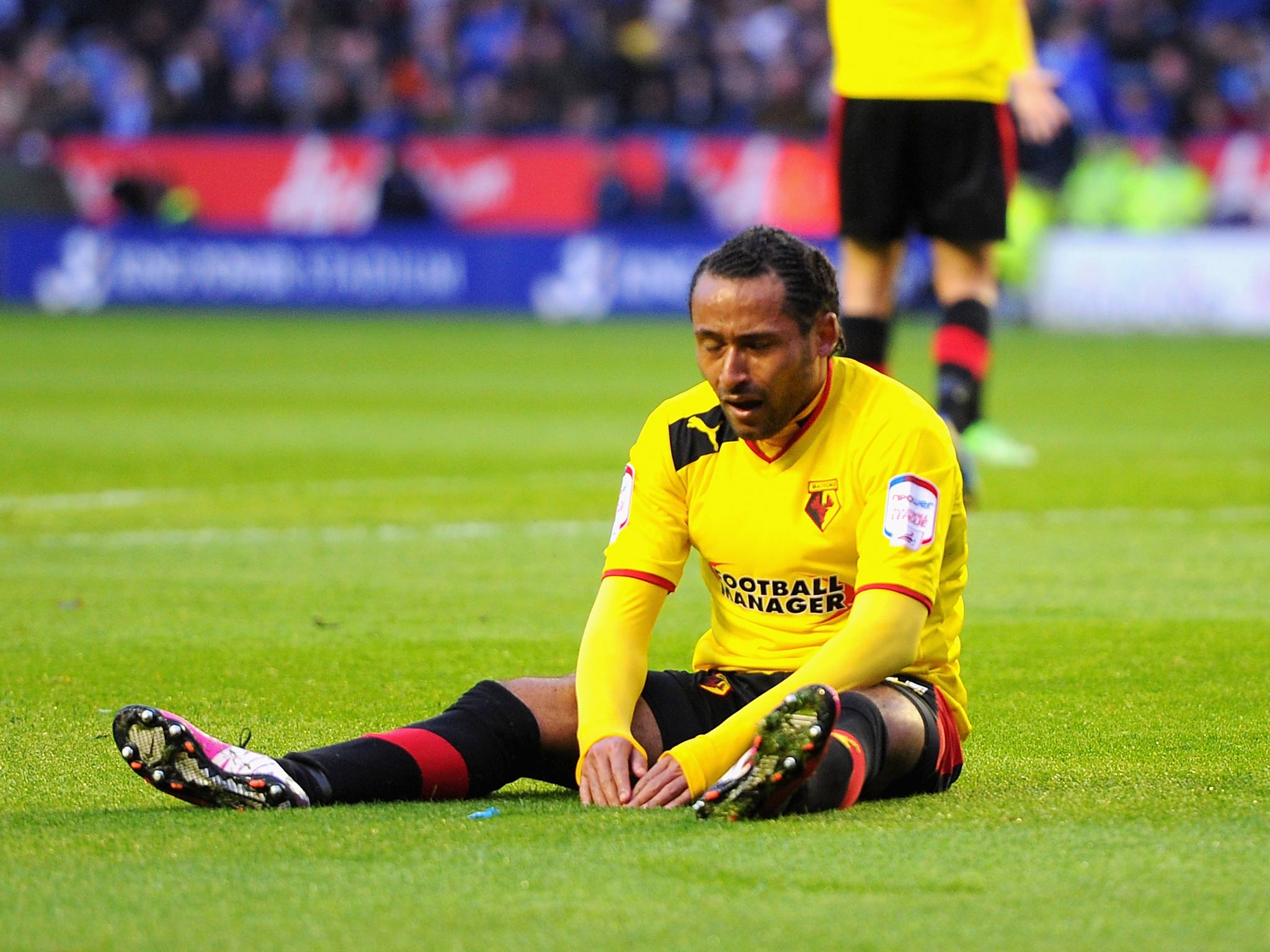 Ikechi Anya of Watford reacts after missing a goal scoring chance during the npower Championship Play Off Semi Final First Leg match between Leicester City and Watford