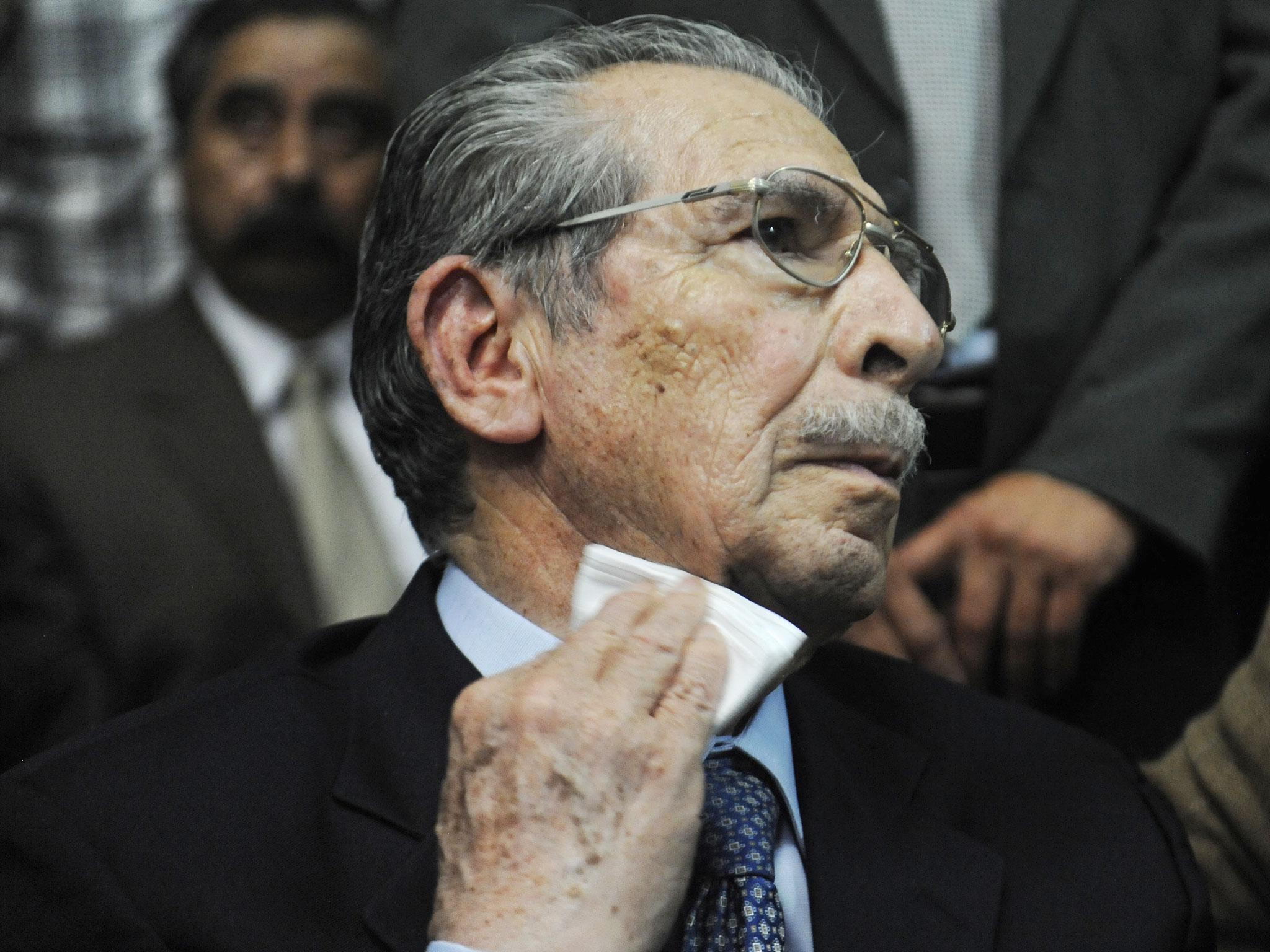 Former Guatemalan de facto President Jose Efrain Rios Montt listening to his sentence on charges of genocide