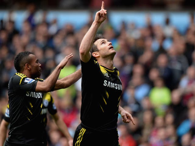 Frank Lampard scores his 203rd goal for Chelsea in the win against Aston Villa and dedicates the record to his late mother
