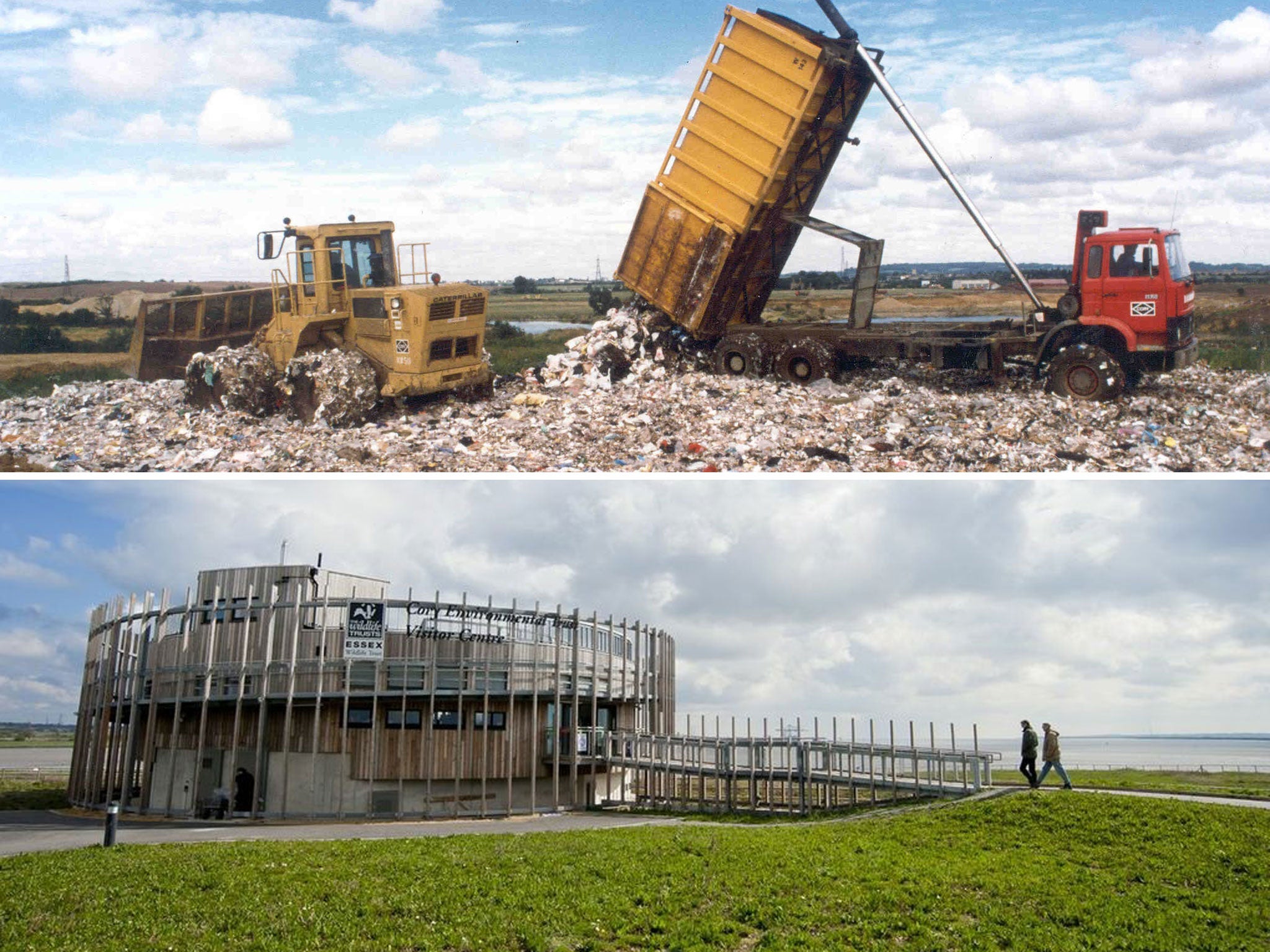 Nnow and then: The Mucking landfill site (top) is now a nature park, with a visitor centre (bottom)