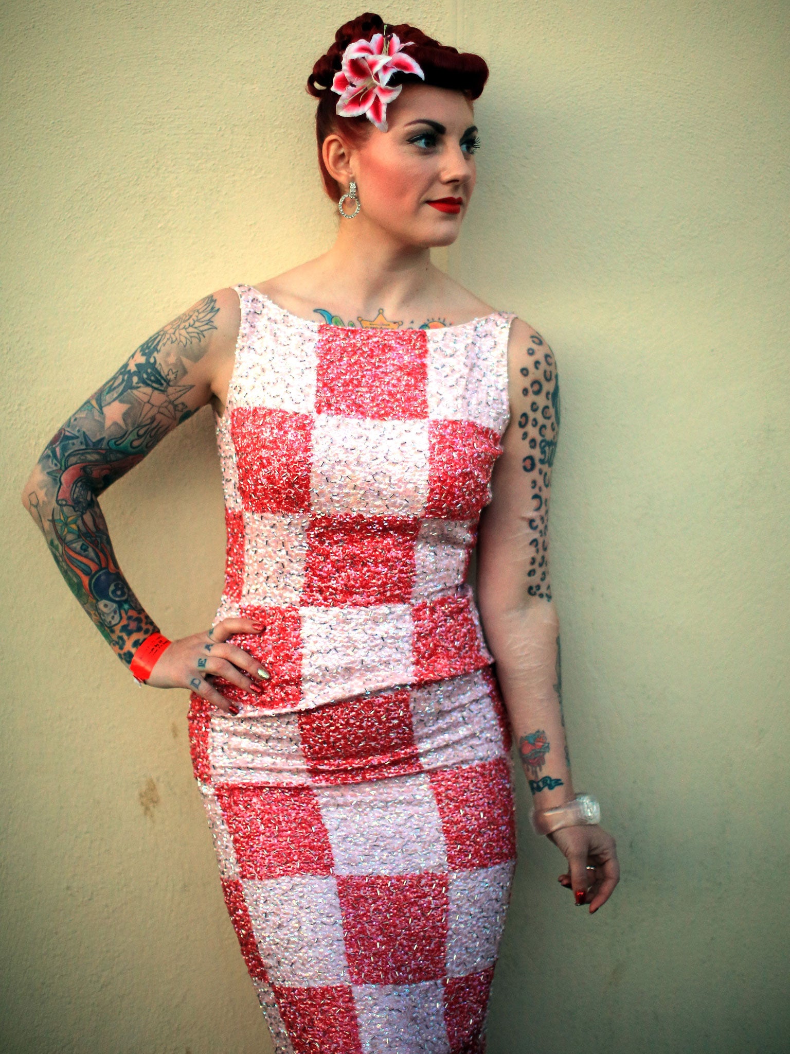 Rock and Roll devotee Lori Barker poses as she attends the 50th Hemsby Rock 'n' Roll Weekender