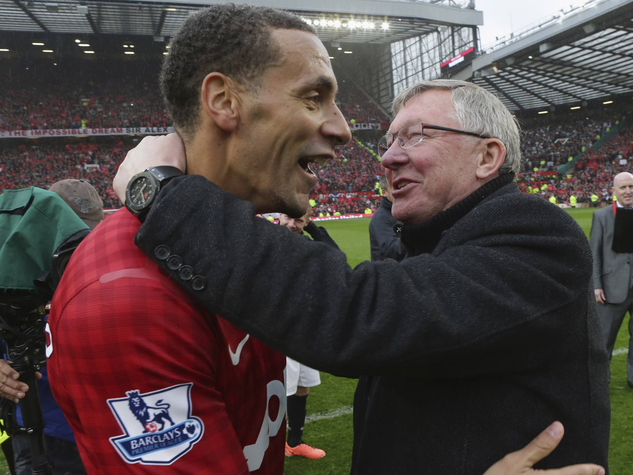 Rio Ferdinand and Sir Alex Ferguson share a moment after the former's winning goal gave Manchester United a 2-1 win over Swansea