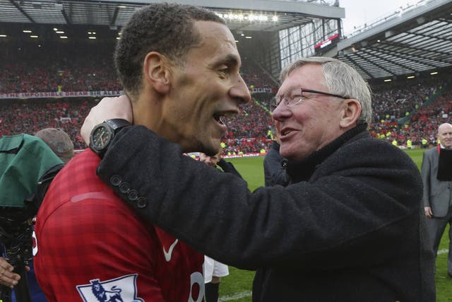 Rio Ferdinand and Sir Alex Ferguson share a moment after the former's winning goal gave Manchester United a 2-1 win over Swansea
