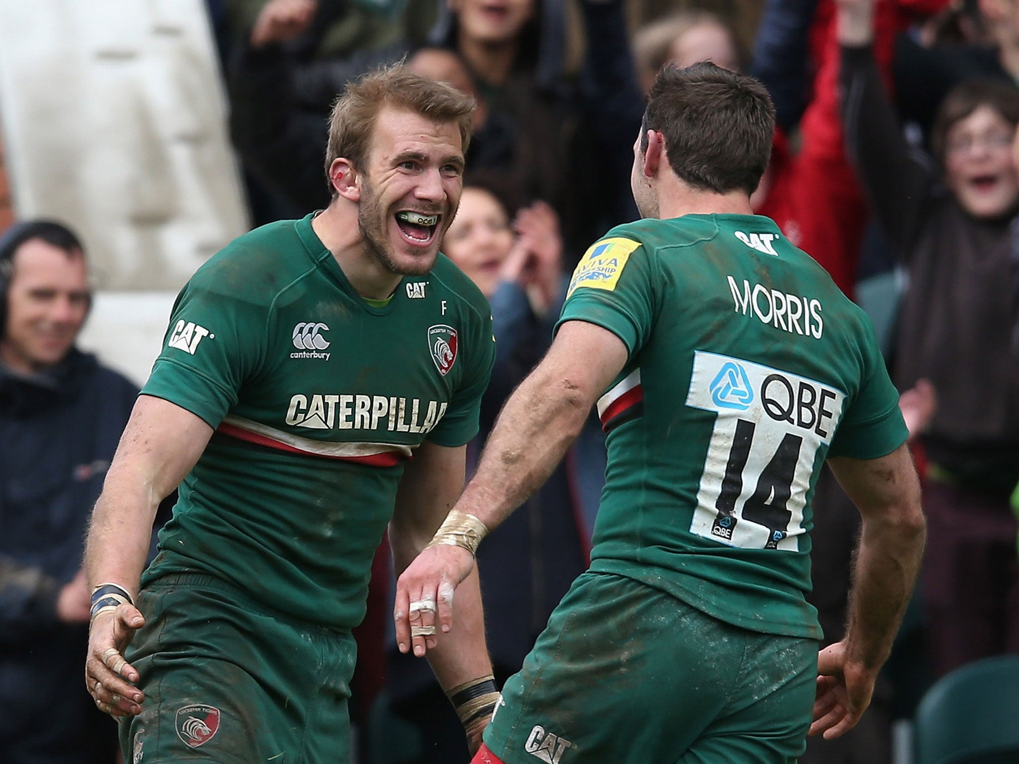Leicester flanker Tom Croft (left) celebrates a try from team-mate Niall Morris