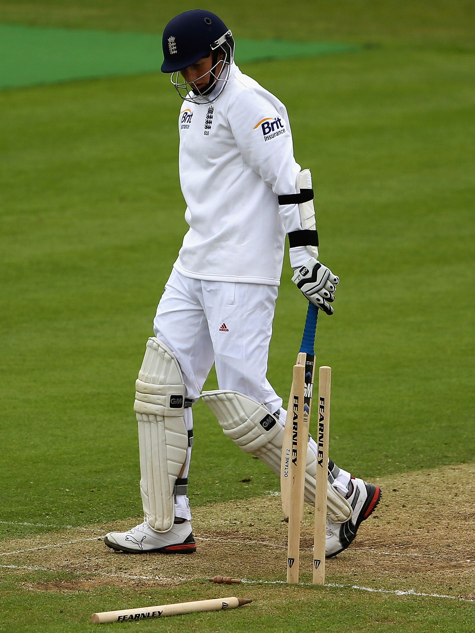 England Lions’ Joe Root is bowled after making 179