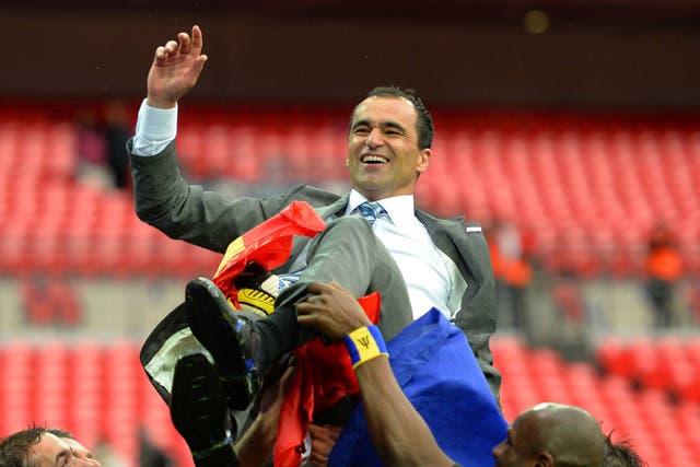 Roberto Martinez celebrates after winning the FA Cup 