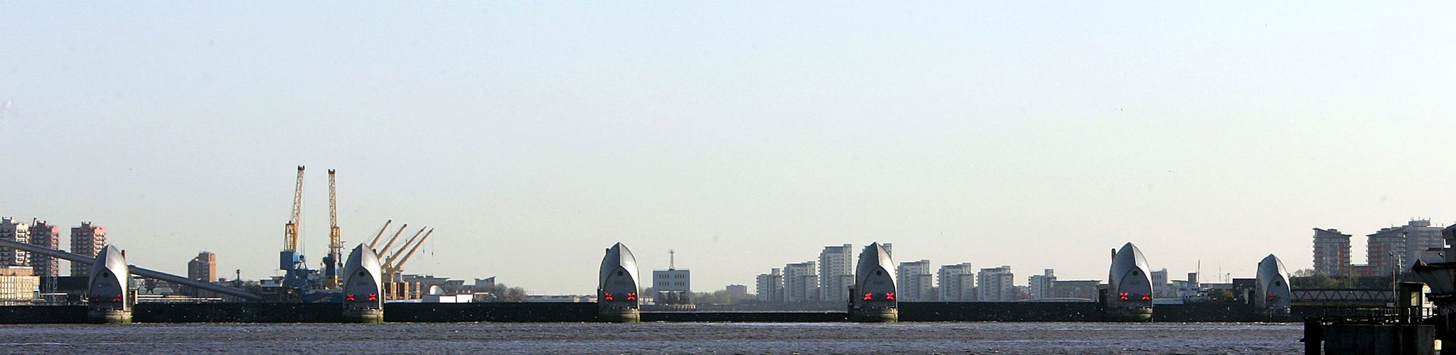 The Thames barrier raised in 2007 in response to a flood threat