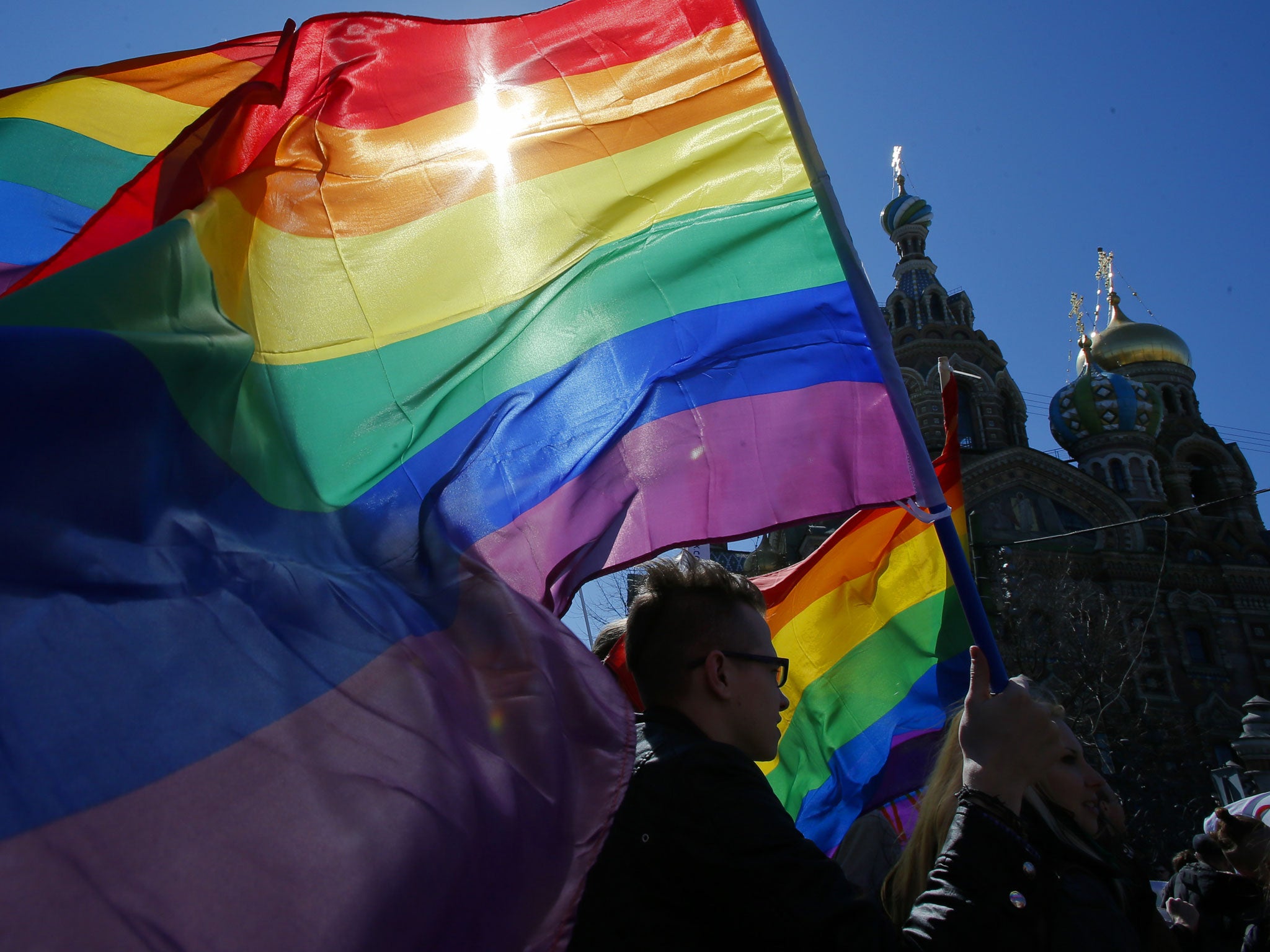 Gay rights activists march during a traditional May Day rally in St.Petersburg, Russia. (AP Photo/Dmitry Lovetsky)