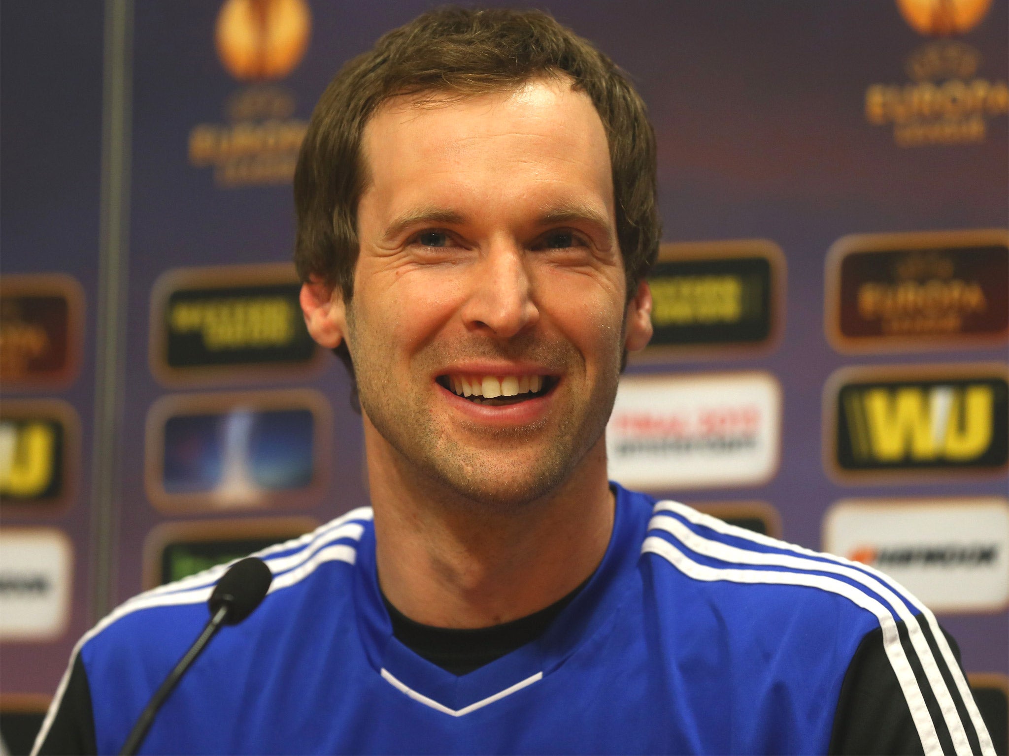 Petr Cech speaks at the press conference ahead of the Europa League final