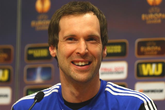 Petr Cech speaks at the press conference ahead of the Europa League final