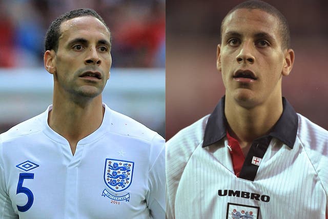 Rio Ferdinand pictured during his final England game in 2011, and in 1997, the year he made his international debut