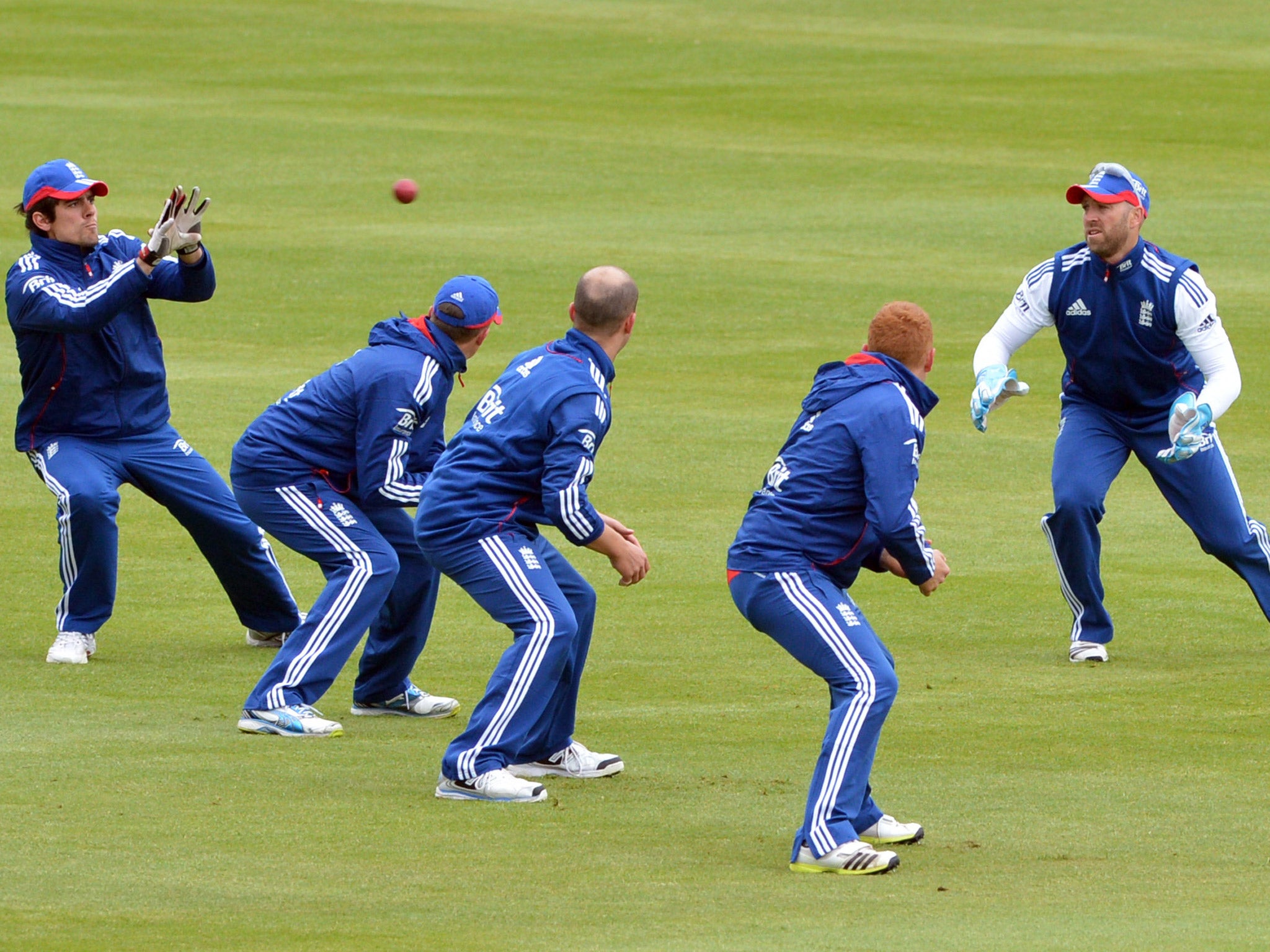 Alastair Cook takes a catch during a training session at Lord’s yesterday