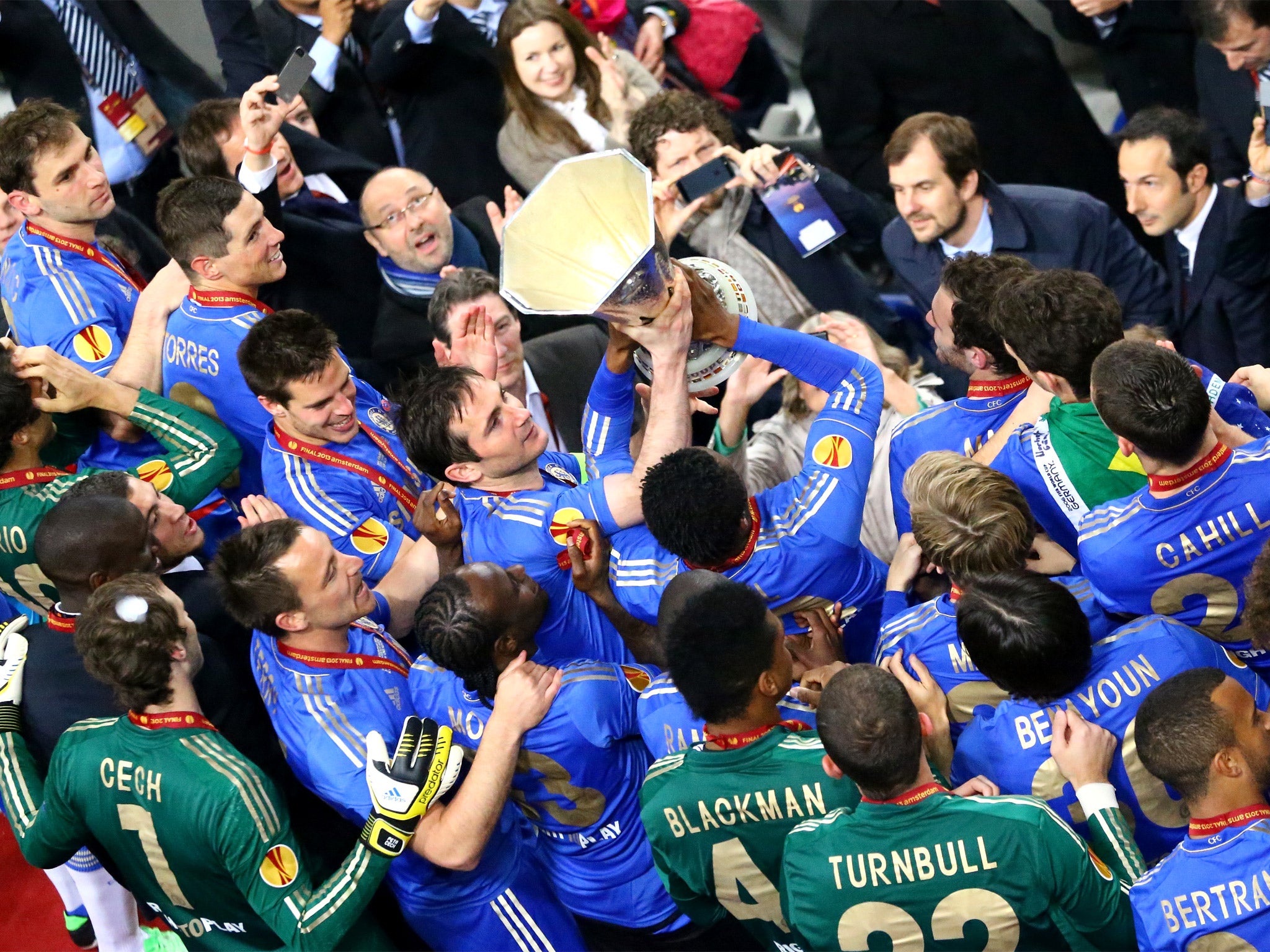 Frank Lampard leads the celebrations as Chelsea lift the Europa League trophy